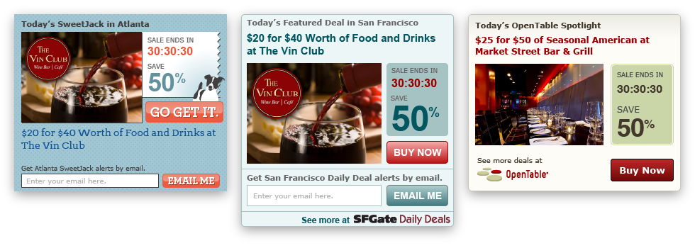 BluLabel Daily Deal widgets for SF Gate, Sweetjack Cumulus Media, and Opentable