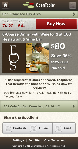 Mobile HTML5 OpenTable Spotlight Deal Page