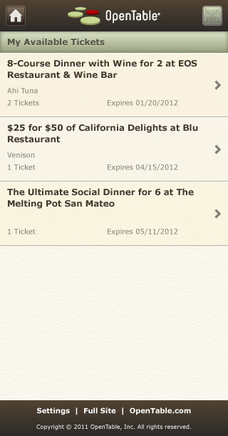 Mobile HTML5 OpenTable Spotlight My Purchases
        Page