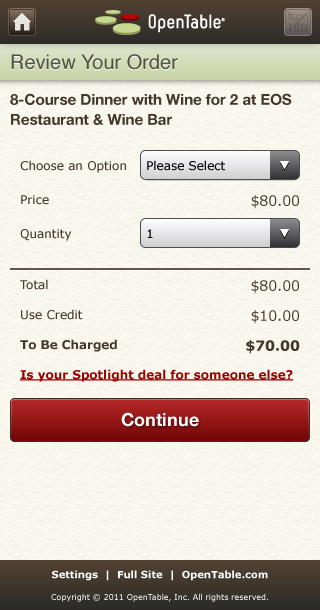 Mobile HTML5 OpenTable Spotlight Order Review
        Page