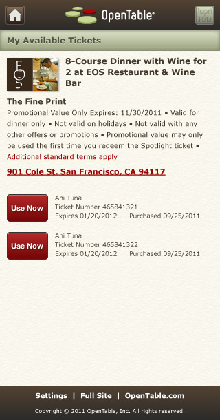 Mobile HTML5 OpenTable Spotlight Use Voucher
        Page